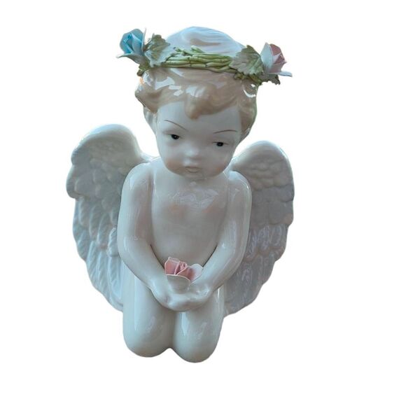 Vintage VTG Angel Floral Porcelain Glossy Small Statue Decor - Picture 3 of 9